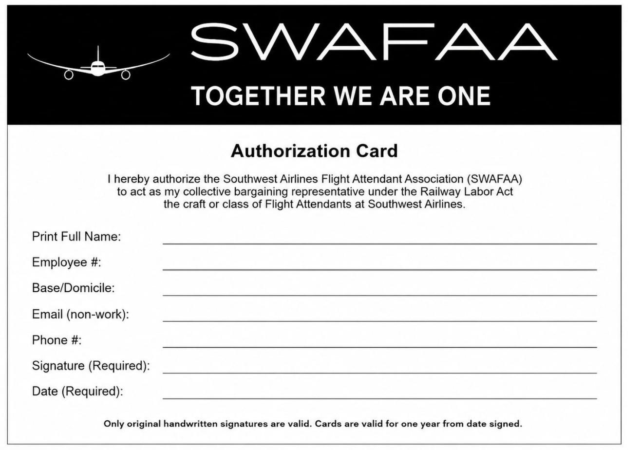SWAFAA Authorization Card — the confidential card Southwest Airlines Flight Attendants sign to request the opportunity to vote.
